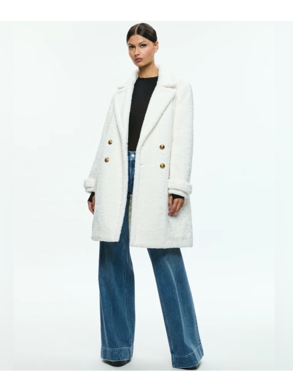 NWT Alice & Olivia TOWNES DOUBLE BREASTED TEDDY PEACOAT Off White Ivory Sz S